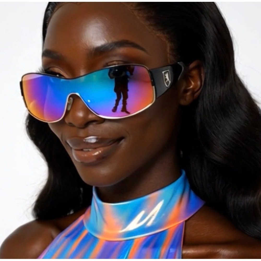 Khan‎ Shield Sunglasses Black Iridescent Mirror Lens Sporty Wrap KN-M3734 - Picture 5 of 11